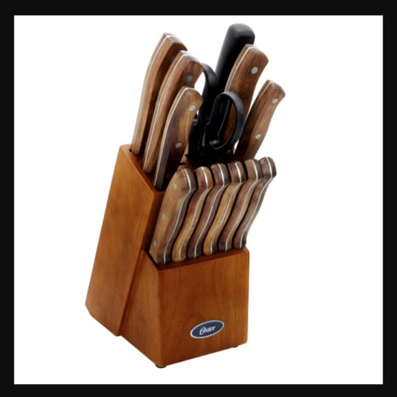 🙌 2/$55 NIB Oster 14-Piece Stainless Steel Cutlery Set Black Walnut Handle $56